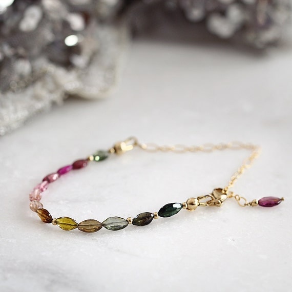 Tourmaline Bracelet - October Birthstone Bracelet - Tourmaline Jewelry - Multi Colour Bracelet - Gemstone Beaded Bracelet - Dainty Bracelet