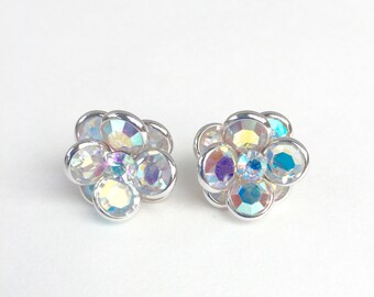 Vintage AB Crystal Flower Earrings Bezel Set Crystals