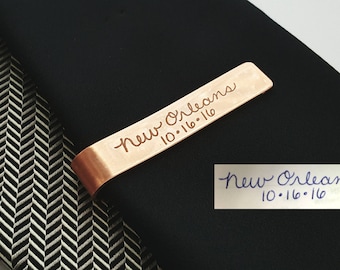 Tie Bar, Handwriting Tie Clip, Signature Tie Clip, Handwriting Tie Bar, Silver, Gold Filled, Copper Tie Bar, Engraved, "add a FINGERPRINT"