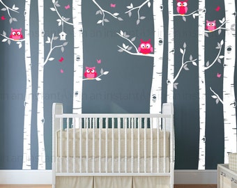 Seven Birch Tree Decal with Owls | Birch Tree Wall Decal | Baby Nursery, Children's Room Interior Designs | Easy Application 080