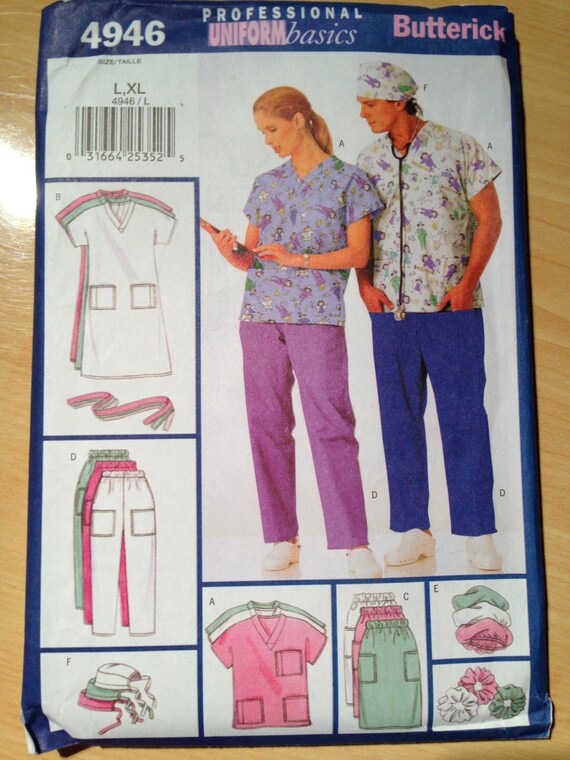 Butterick 4946 Sewing Pattern UNCUT Unisex Uniform - Dress, Belt, Top, Skirt, Pants, Hat and Ponytail Holder Size L-XL