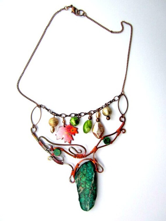 Items similar to Copper wire wrapped choker bib necklace green jasper