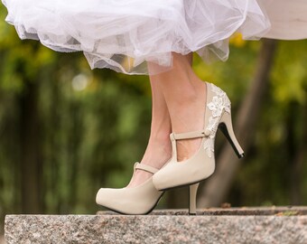 Beige Bridal Shoes - Bridal Heels, Wedding Shoes, Mary Jane Shoes, Wedding Heels, Pumps, Beige Heels, Bridesmaid Gift, Shoes with Ivory Lace