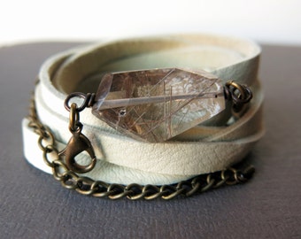 Leather Wrap Bracelet - Bohemian Leather Bracelet - Leather Cuff Bracelet - Boho Wrap Bracelet - Rutilated Quartz Bracelet - Leather Jewelry