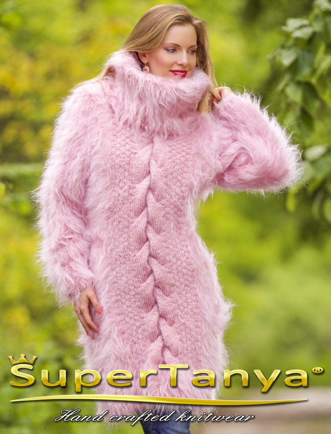 One of a kind fuzzy hand knitted pink mohair sweater dress