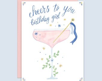 Cocktail Birthday Card, Cheers to You Birthday Card, 21st Birthday Card, Pink Drink Birthday Card, Martini Birthday Card, Watercolor Card