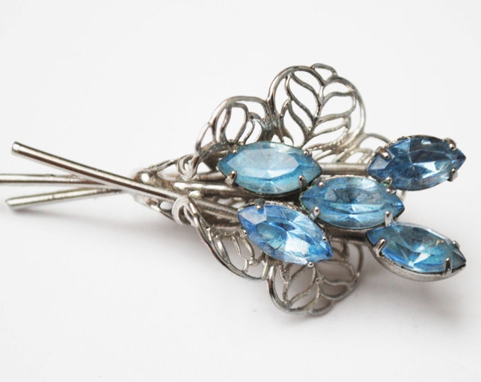 Blue Rhinestone Flower Brooch - silver Filigree - bouquet - floral spray pin