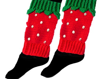 Strawberry Leg Warmers Fruit Boot Socks Red Legwarmers Kawaii Legwarmers Crochet Berry Leg Warmers with Emerald Green Leaves Knit Legwarmers