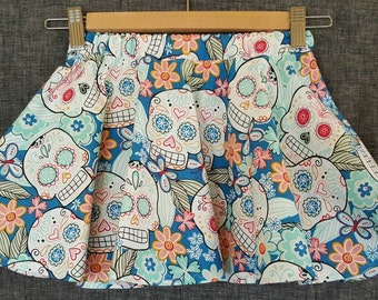 Colorful sugar skull print twirly skirt / Girls size 3/4 * child skull skirt - sugar skull clothing * Day of the Dead clothing * chucoluco
