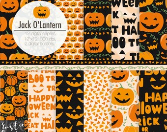 Halloween digital paper with carved pumpkins. Jack O'Lantern digital paper for Halloween decorations, scrapbooking, cards, wall art. 12 PNG