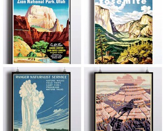 National Park Poster Set - Vintage Prints - Yosemite Print Grand Canyon Yellowstone National Park Zion National Park Wall Prints Travel
