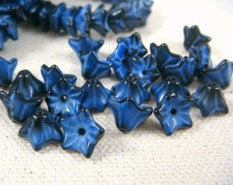 Czech Beads, Czech Beads - Blue Flower, Denim and Dark Blue Mix (BF/RJ-0995) - Czech Glass 5 Petal Flower Bead - 6x9mm - Qty 12