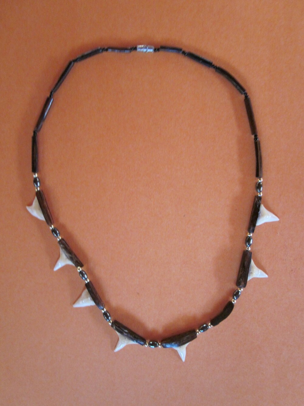 Shark Tooth Beads on Beaded Necklace with Clasp One Tooth
