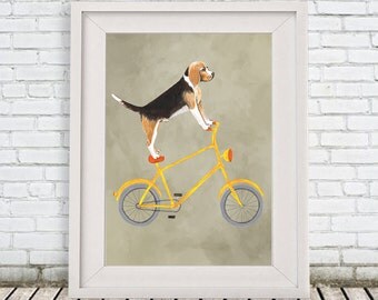 Beagle Print, Beagle Artwork, Beagle Art, Beagle Dog, Beagle Custom Pet Print, Beagle Lover, Beagle Gift, Beagle on bicycle