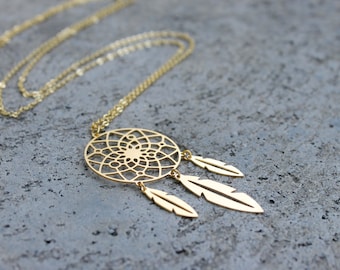 Dream Catcher Necklace // 16K Gold // Boho Necklace // Layering Necklace // Tribal Necklace // Feather Necklace