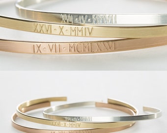 Roman Numerals Bracelet • Personalized Custom Date Bracelet Gift for Her • Simple Engraved Cuff Bracelet • Stacking Bracelet Gift • LB128