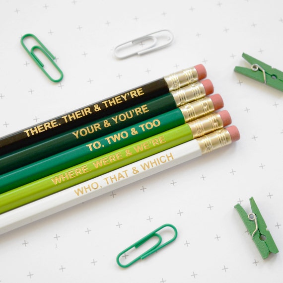 GRAMMAR PENCIL SET Ombre Green Coloured Pencils Gift for School English Teacher Graduation Present Colourful Retro Hex Gold Type Handmade Uk