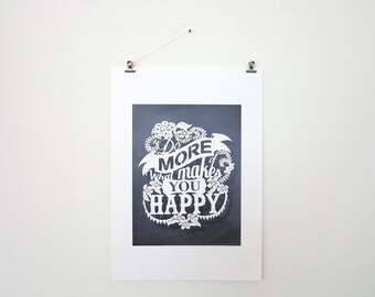 SALE! -A3 afdrukken oorspronkelijke papier knippen - Papercut print - Quote - doe meer van wat maakt je gelukkig - inspirerende Quote - Wall art