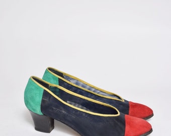 Vintage 90's Red Green and Blue Suede Mesh Chunky Heel Shoes