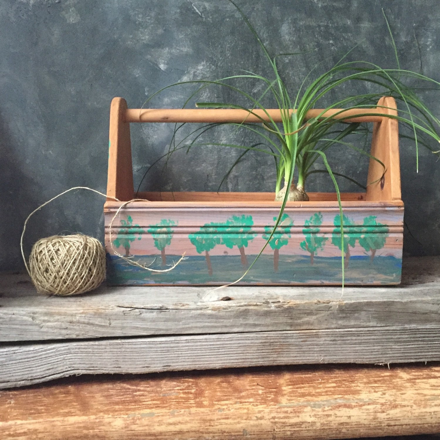 Wood Tool Box Vintage Wooden Tool Caddy Hand Painted Tote