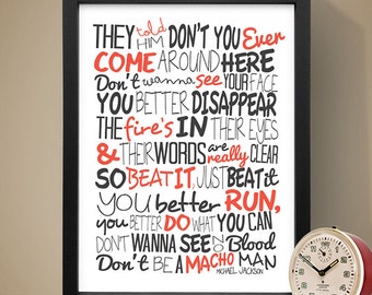 Michael Jackson - Beat It / Song Lyric Typography Poster, Music Poster