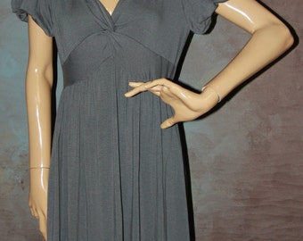Vintage Gray Dress/Empire Waist Dress/Plunging Neckline Dress/Professional Dress/Pleated Dress/Knee Length Dress/VI522