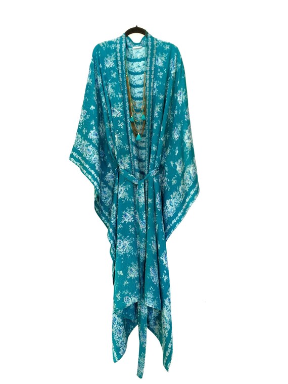 Silk kimono kaftan / beach cover up / in teal blue floral with