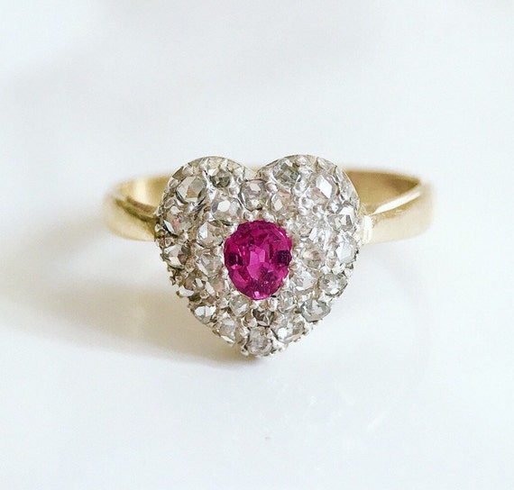 Victorian Diamond and Ruby Heart Ring