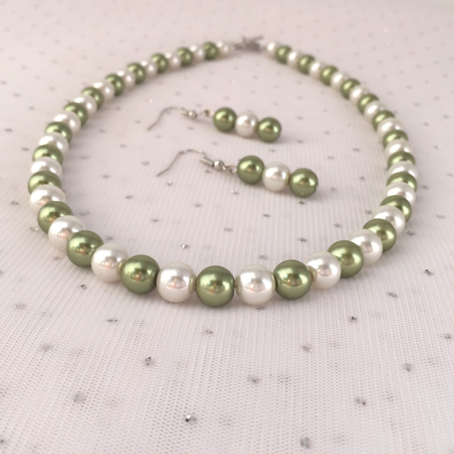 Sage Green Pearl Necklace Sage Green Bridal Jewelry Set Sage