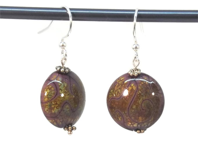 Purple & Gold Swirled Lampwork Glass Dangle Drop Earrings Nickle Free Silver Ear Wires OOAK