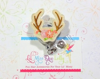 Deer Antlers ID Badge-Embroidered Felt Badge Reel-Antlers ID Badge- Felt Applique-Retractable ID Badge Holder- Badge Reel Clip (Set of 1)