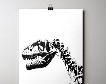 Dinosaur Print, 16x20 Poster INSTANT DOWNLOAD, Dino Bones Print, Printable Art, Black & White Decor, Skeleton Print, Modern Boys Room Print