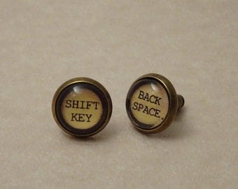 10mm Typewriter Key Stud Earrings, Mismatched Back Space and Shift Key, Set in Glass, # 2006