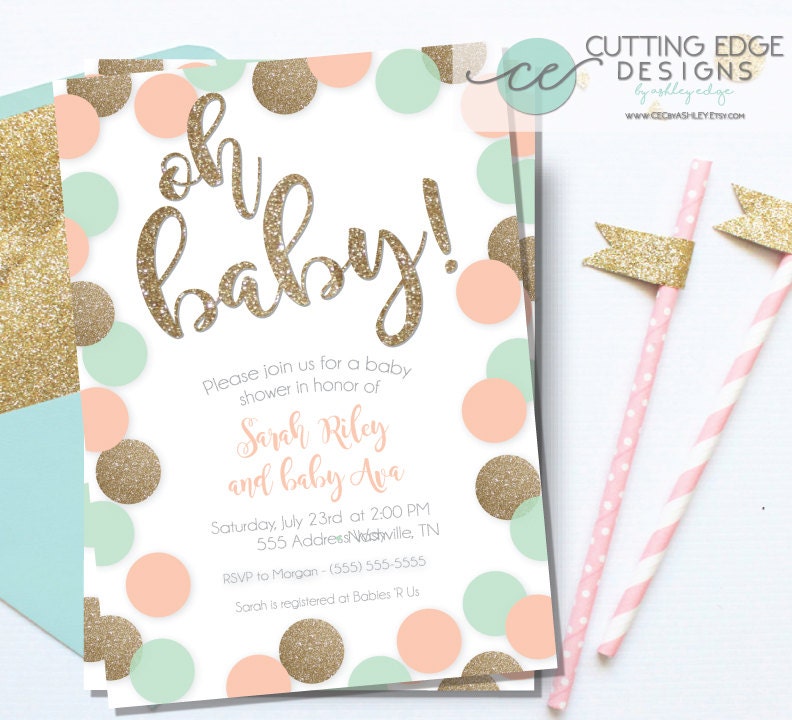 Peach And Mint Baby Shower Invitations 1