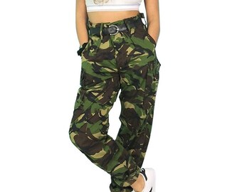 Vintage Women's British army soldier 95 camo trousers pants military camouflage cargo combat woodland DPM high waisted