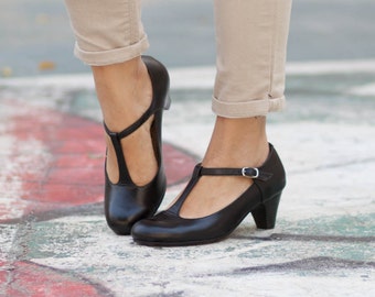 Leather Shoes, Leather Pumps, T Shape Flamenco Shoes, Heeled Leather Pumps, High Heel Shoes , Free Shipping