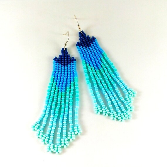 Beaded earrings in blue colors Blue beadwork Long by Galiga