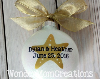 Starfish Wedding Christmas Ornament; Nautical Wedding Ornament; Beach Themed Wedding Ornament; Starfish Engagement Ornament; Just Engaged