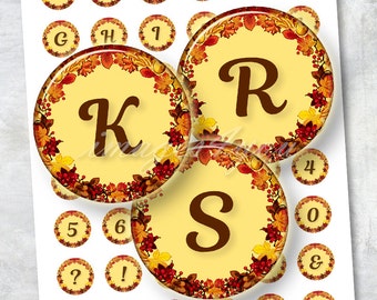 Autumn Wreath Alphabet round download Thanksgiving digital collage sheet Halloween bottle cap images 20mm 18mm 16,14mm 12mm printable circle