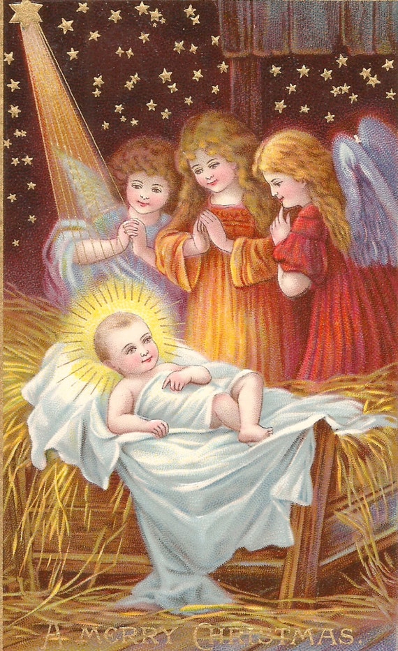 Vintage Christmas postcard angels baby Jesus Nativity digital