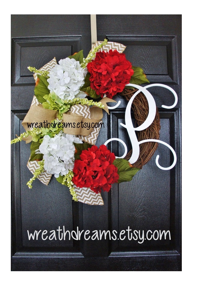 Red Hydrangea Wreath. Burlap Wreath. Year Round Wreath. Spring Wreath. Summer Wreath. Monogram Wreath. Door Wreath