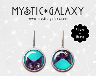 Peeking Cat Earrings, Mixed Pair, Black Cat Earrings,Glass Dome Cat Jewelry, Cats, Leverbacks