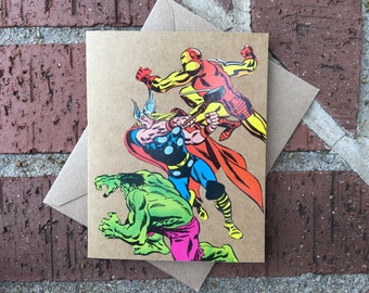 Vintage Marvel Avengers Greeting Card (Blank) - Featuring Iron Man, Thor, and Incredible HULK