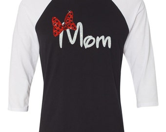 GLITTER Disney Mom with bow Raglan - Choose from 8 shirt styles with this logo (white glitter words / red glitter bow)