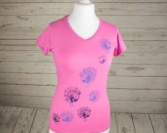 Women's pink v neck t-shirt, peacock tee, ladies top handprinted t shirt, with purple and lilac peacock design, casual clothing for Women