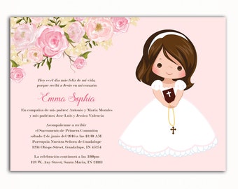 Invitacion Primera Comunión, Printable Floral First Communion Invitation, Girl Baptism Invitation, 1st Communion, English, Spanish, Español