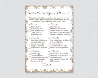 Burlap and Lace What's in Your Phone Game - Printable Phone Raid Game - Rustic What's in Your Phone Game - Modern Shower Phone Game 0063