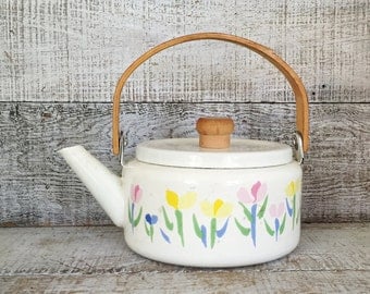 Teapot Enamel Teapot Mid Century White Enamel Teapot with Wood Handle Flowers Teapot Farmhouse Kitchen Teapot White Teapot Tea Kettle