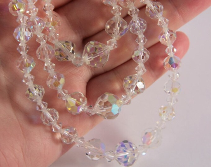 White Rainbow Necklace Transparent Three Strand Crystal Necklace AB Aurora Borealis Beads circa 1960s