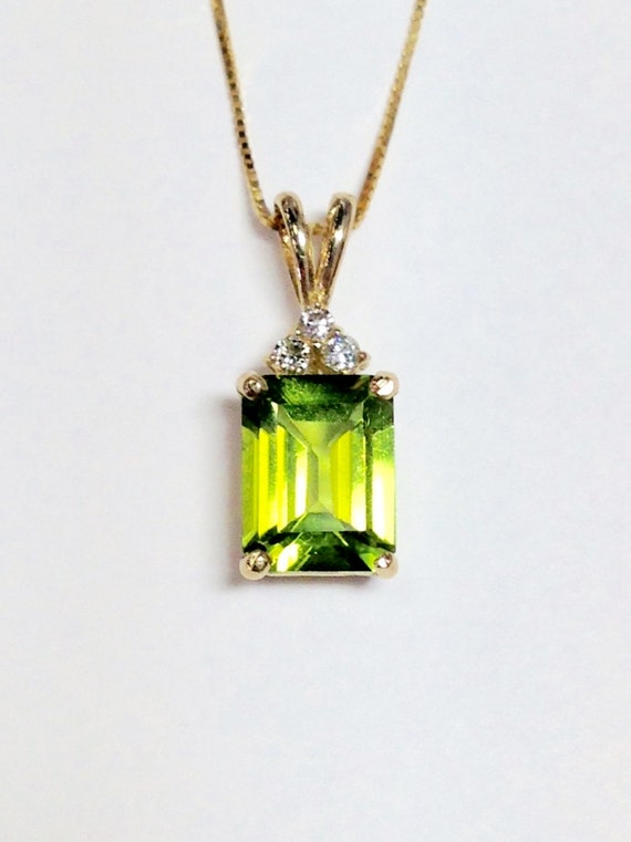 Peridot Gemstone Emerald Cut Yellow Gold Diamond Necklace